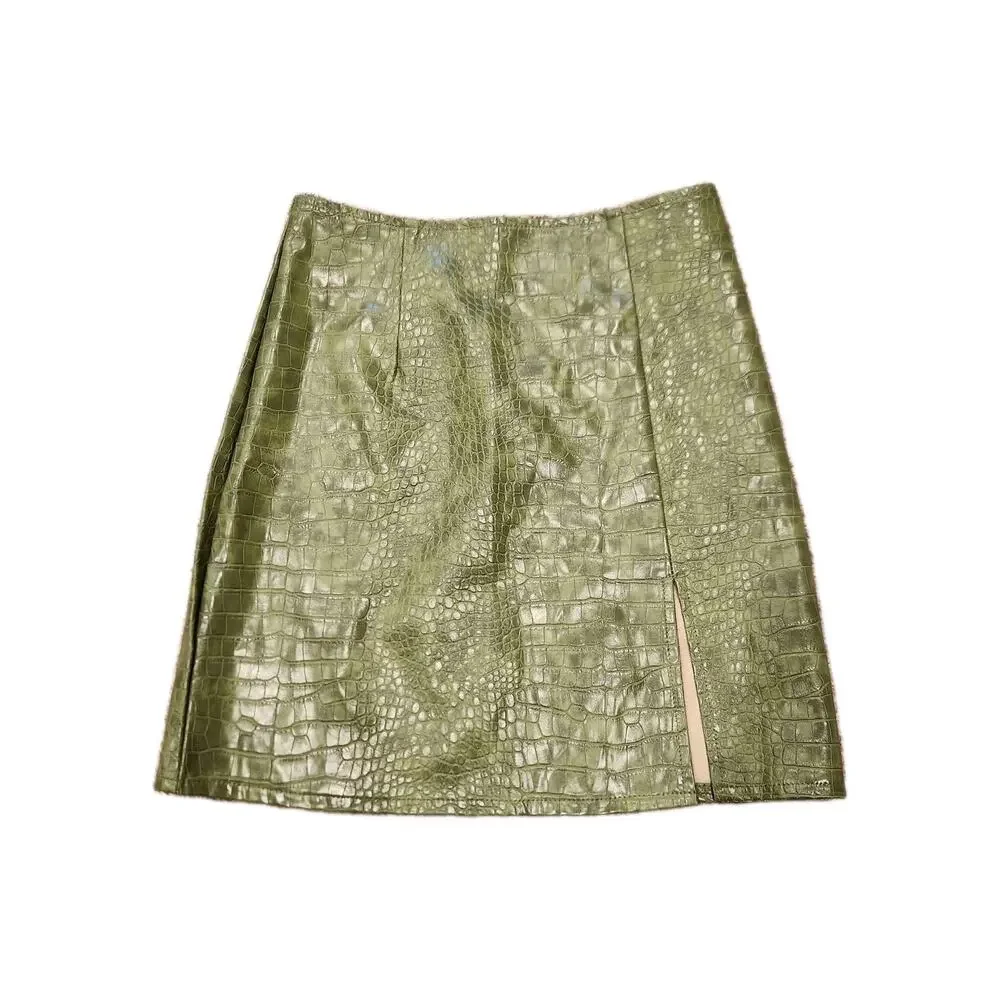 Nastygal Green Vinyl Crocodile Mini Skirt With Slot Sz 2 Faux Alligator Leather‎